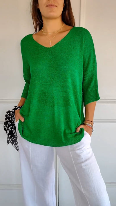 Indila™ | Solid Color Knit Top with V-Neck