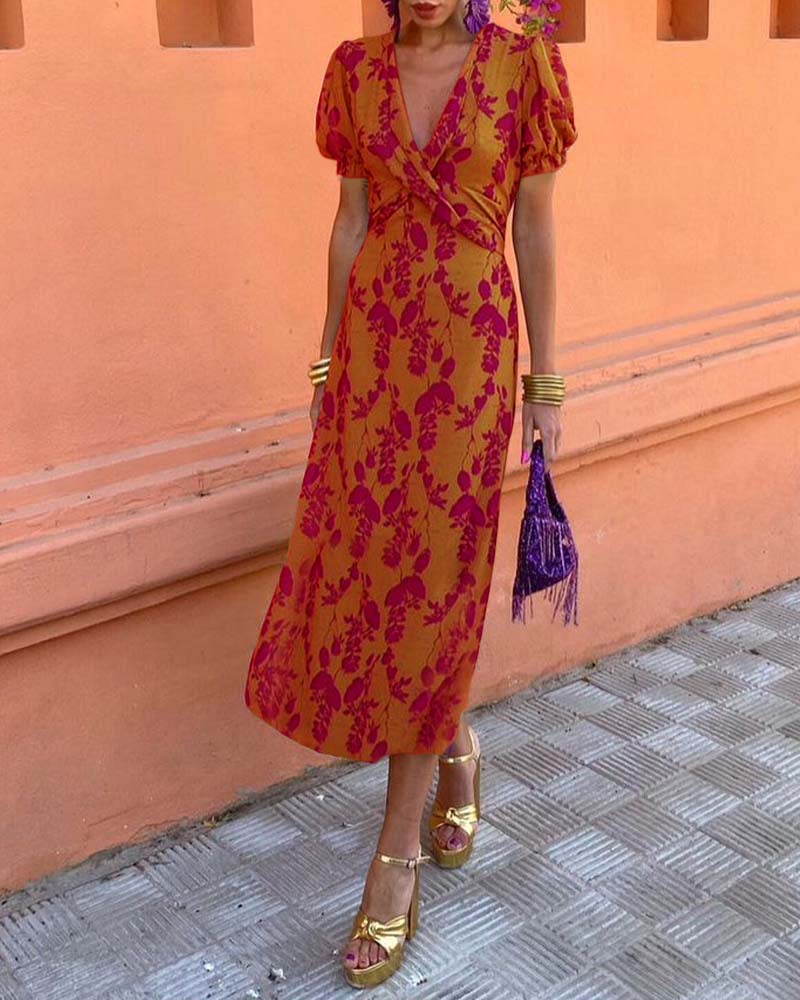 Aria™ | Chic Deep V-Neck Dress with Leaf Design