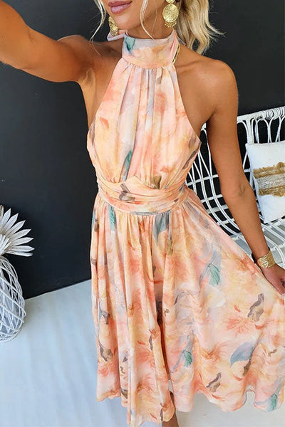 Rosea Neck Maxi Dress with Open Back, Tailored, with Watercolor Print