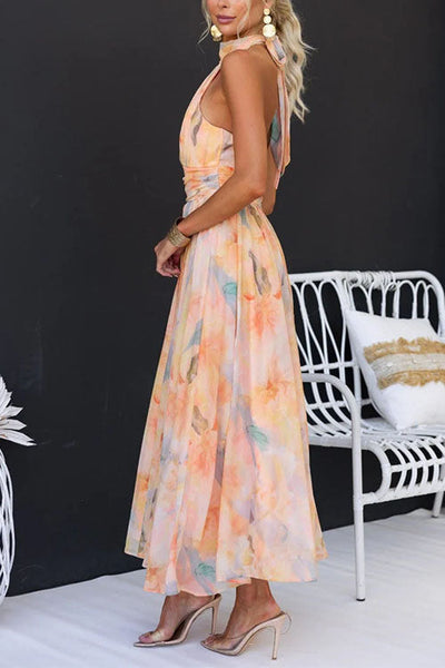 Rosea Neck Maxi Dress with Open Back, Tailored, with Watercolor Print