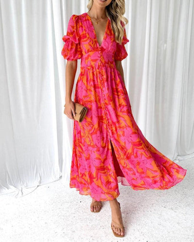 Rosea Elegant Maxi Dress with Puff Sleeves and V-Neck