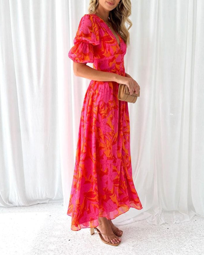 Rosea Elegant Maxi Dress with Puff Sleeves and V-Neck