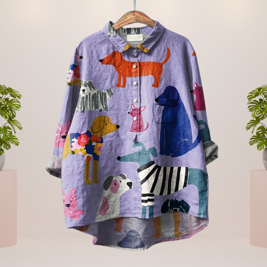 Freya™ | Playful shirt with dog motif and button closure