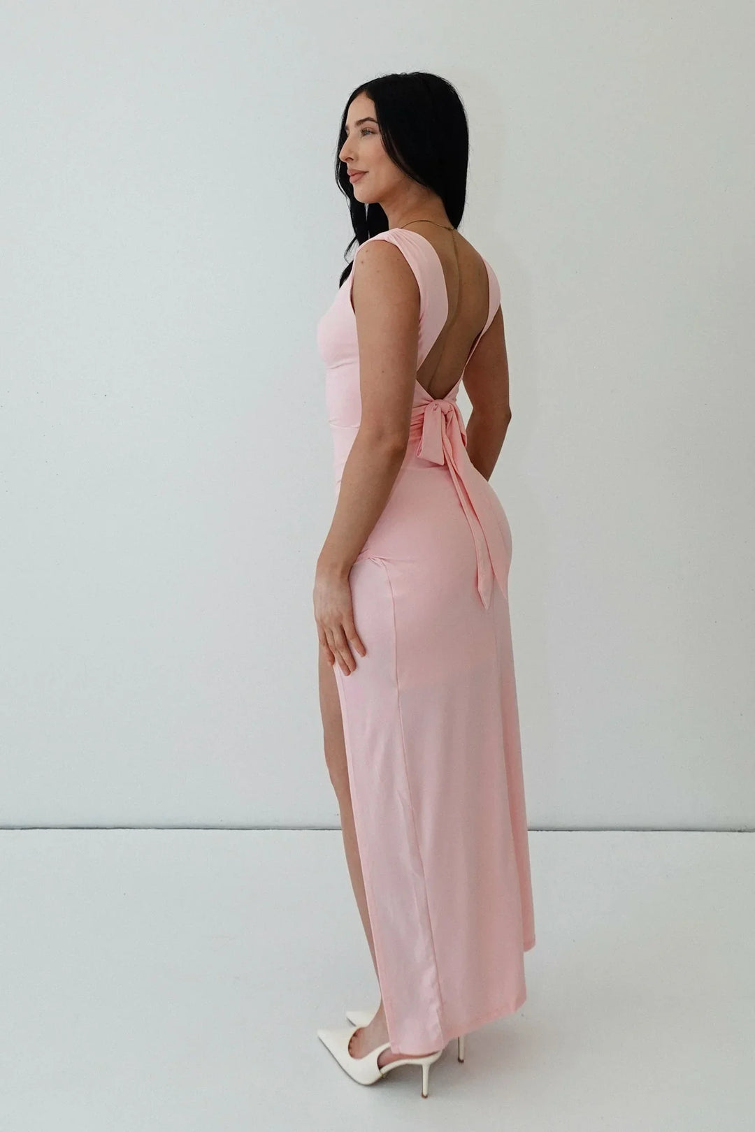 Pink Bodycon Dress with Slit and Ruching