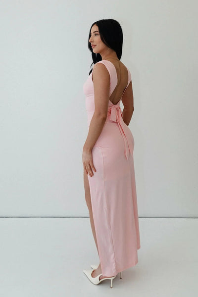 Pink Bodycon Dress with Slit and Ruching
