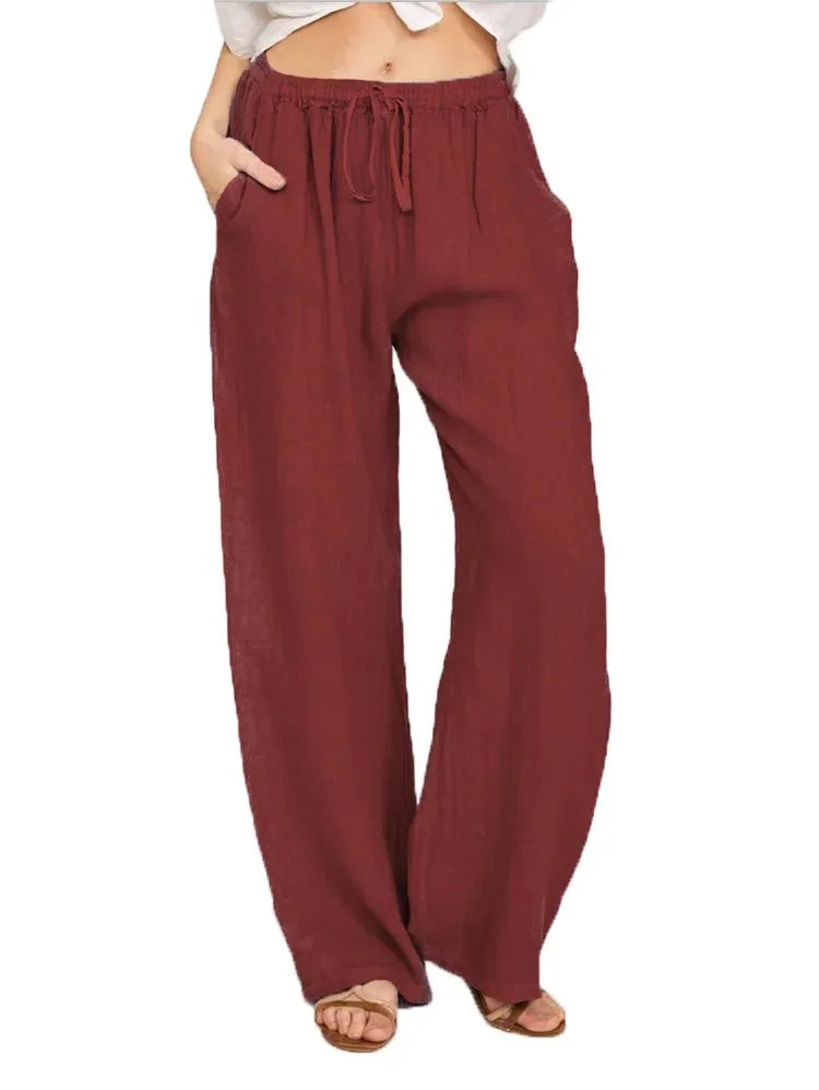 Harper - Cotton Linen Loose Solid Elastic Waist Trouser