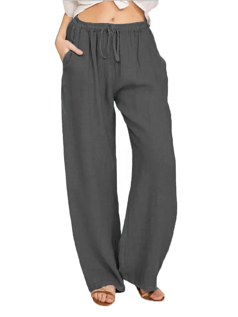 Harper - Cotton Linen Loose Solid Elastic Waist Trouser