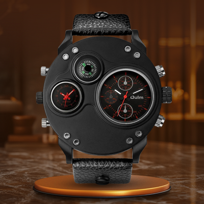Black Leather Double Time Zone Quartz Watch