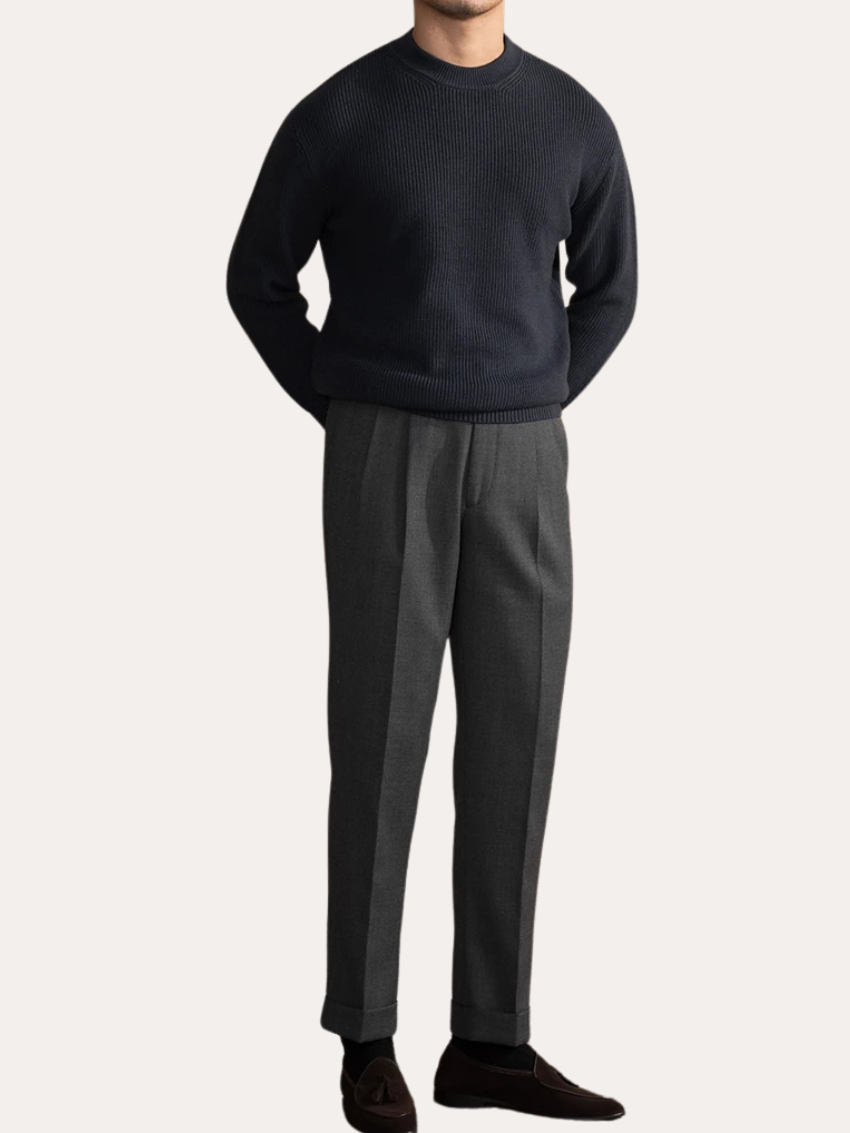 Ribbed O-Neck Sweater Navy Blue - Sophie New York