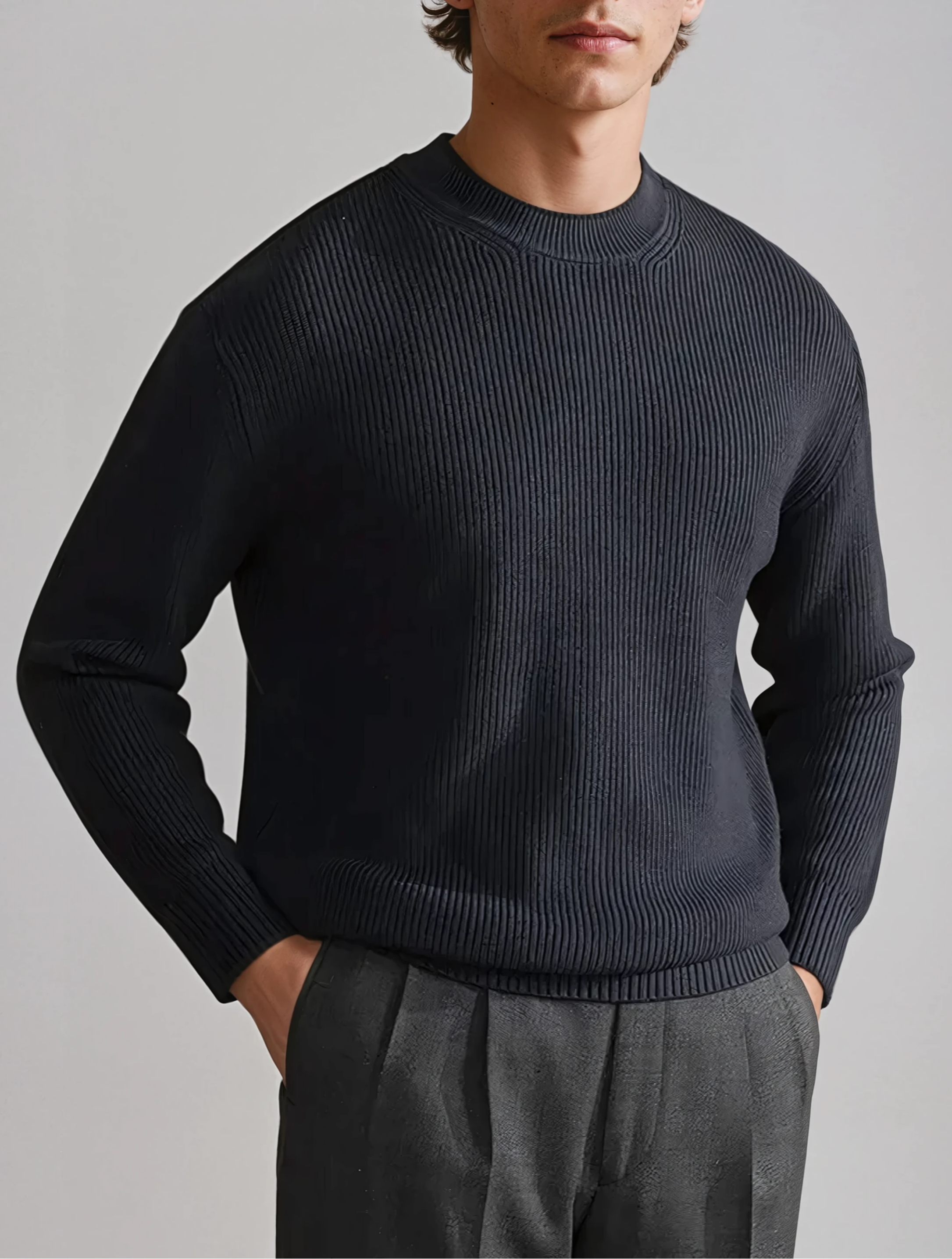 Ribbed O-Neck Sweater Navy Blue - Sophie New York