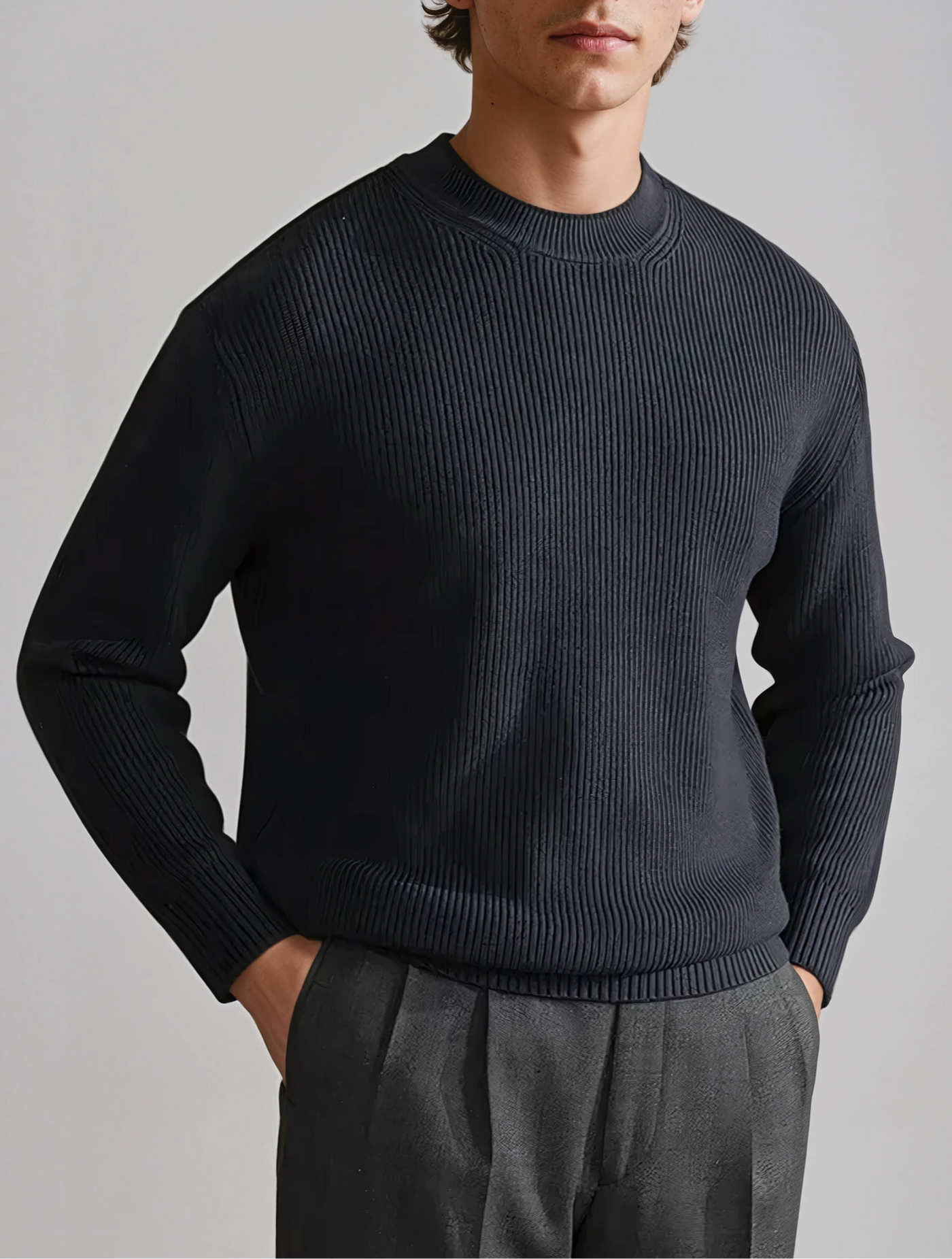 Ribbed O-neck Sweater Navy Blue - Sophie New York