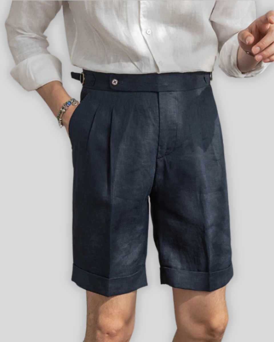 Oxford Pleated Short Trousers - Navy Blue - Sophie New York