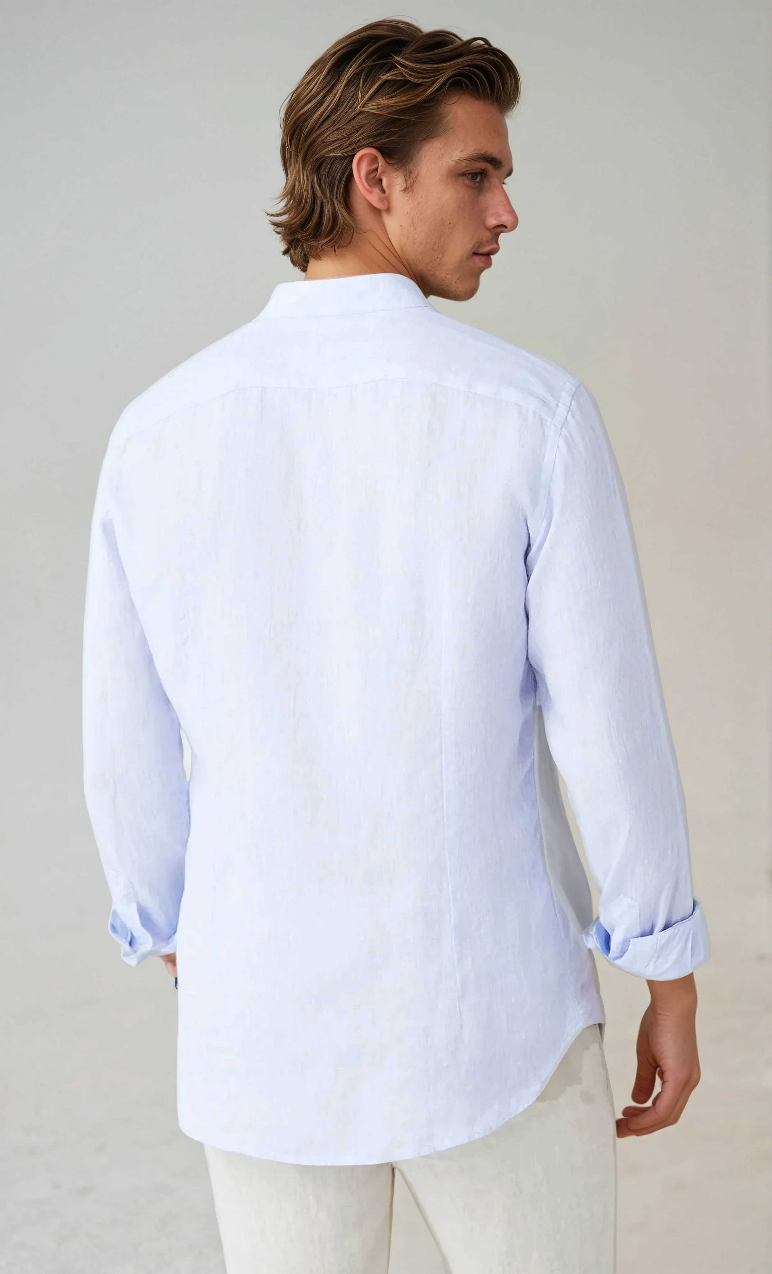 Linen Band Collar Shirt Light Blue - Sophie New York