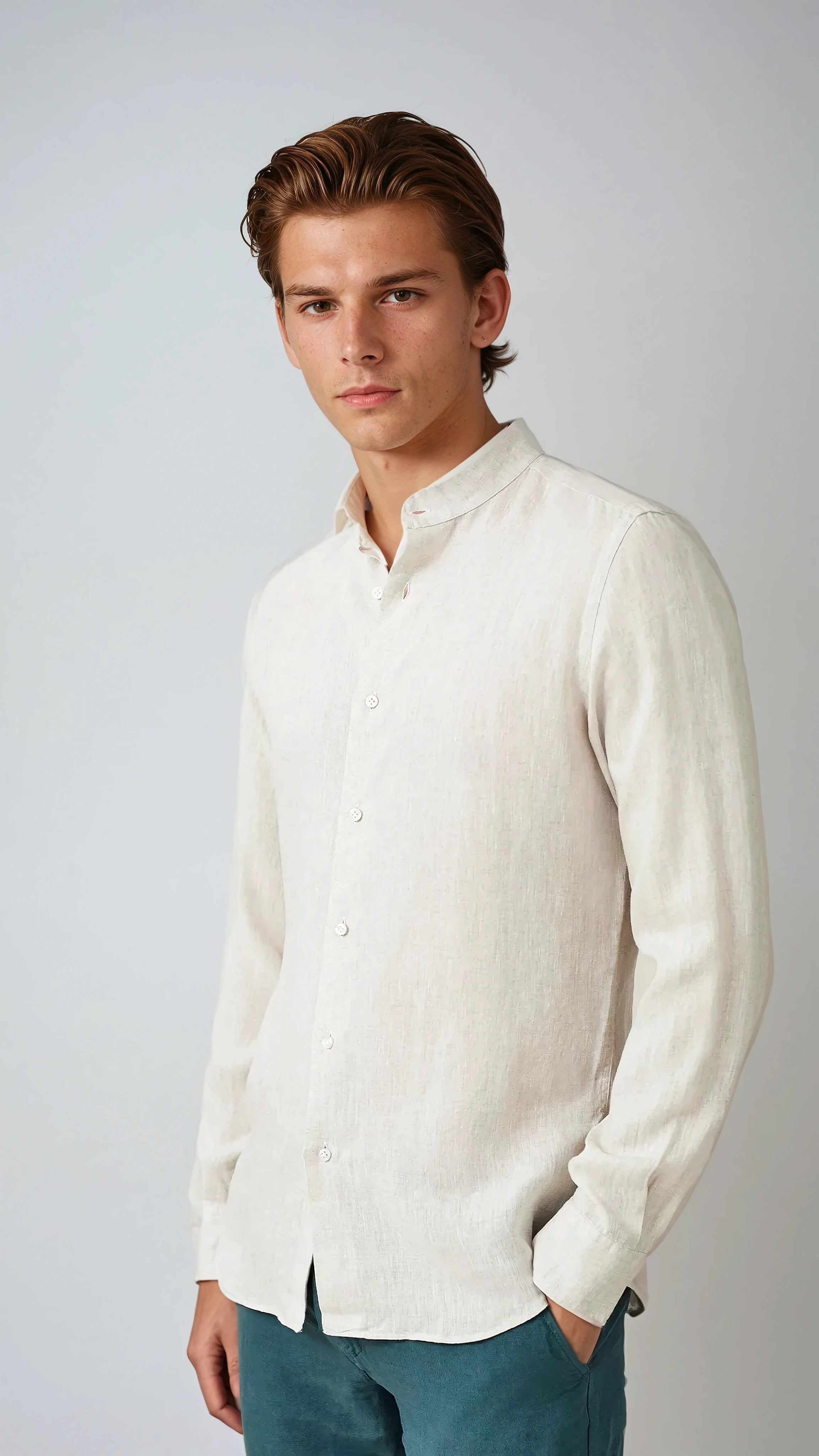 Linen Band Collar Shirt Beige - Sophie New York