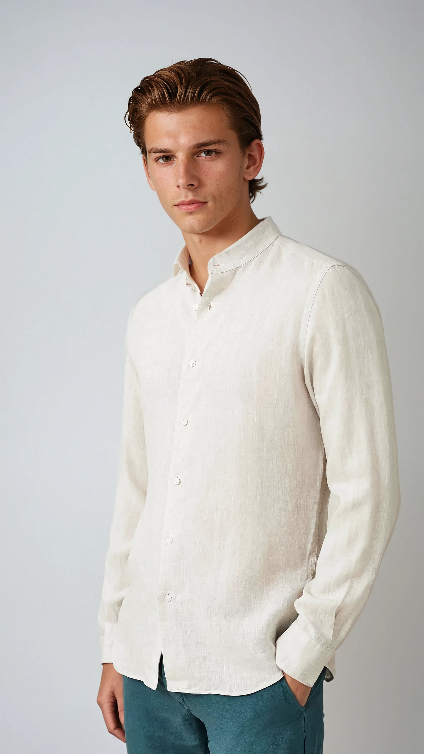 Linen Band Collar Shirt Beige - Sophie New York