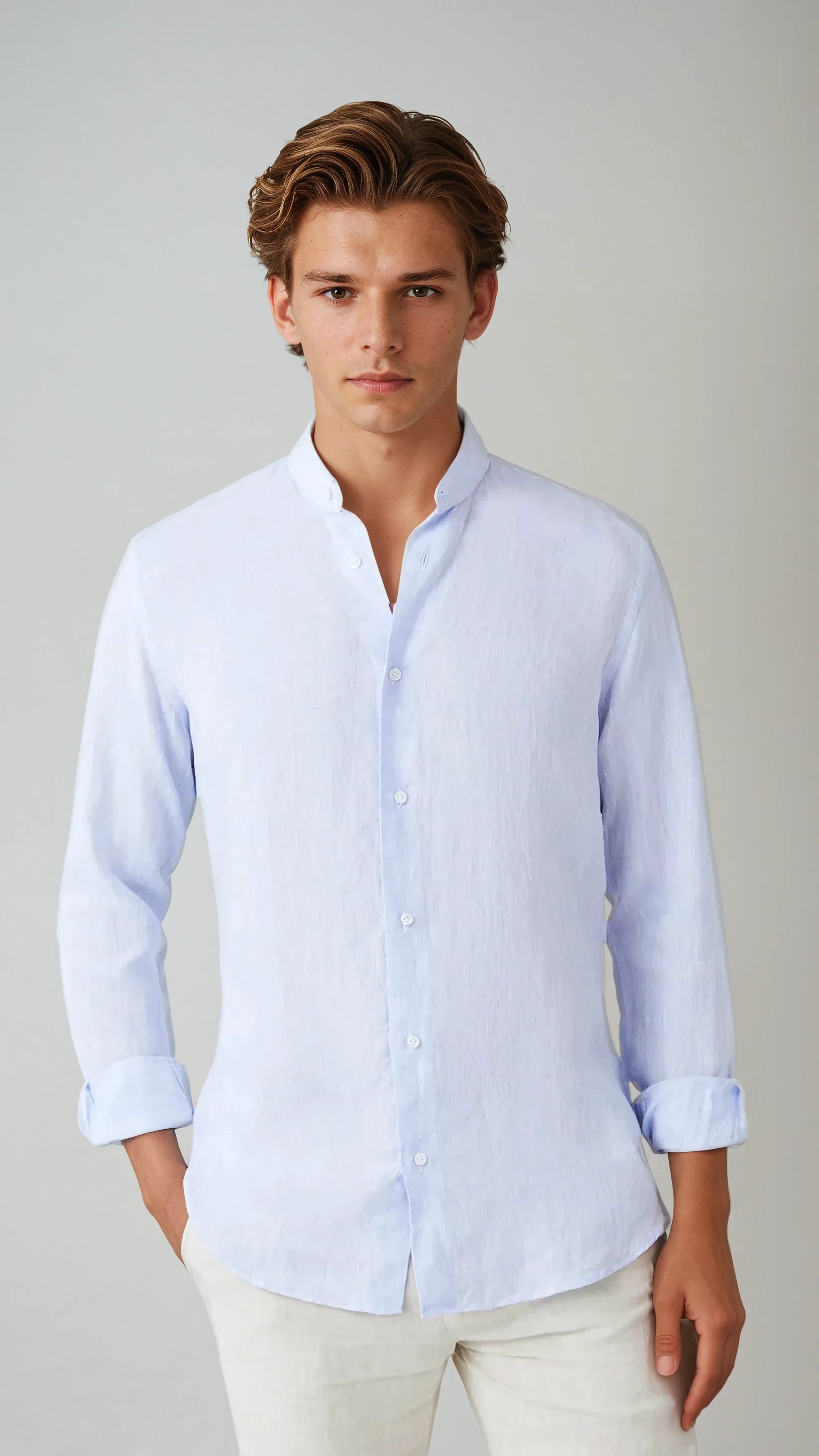 Linen Band Collar Shirt Light Blue - Sophie New York