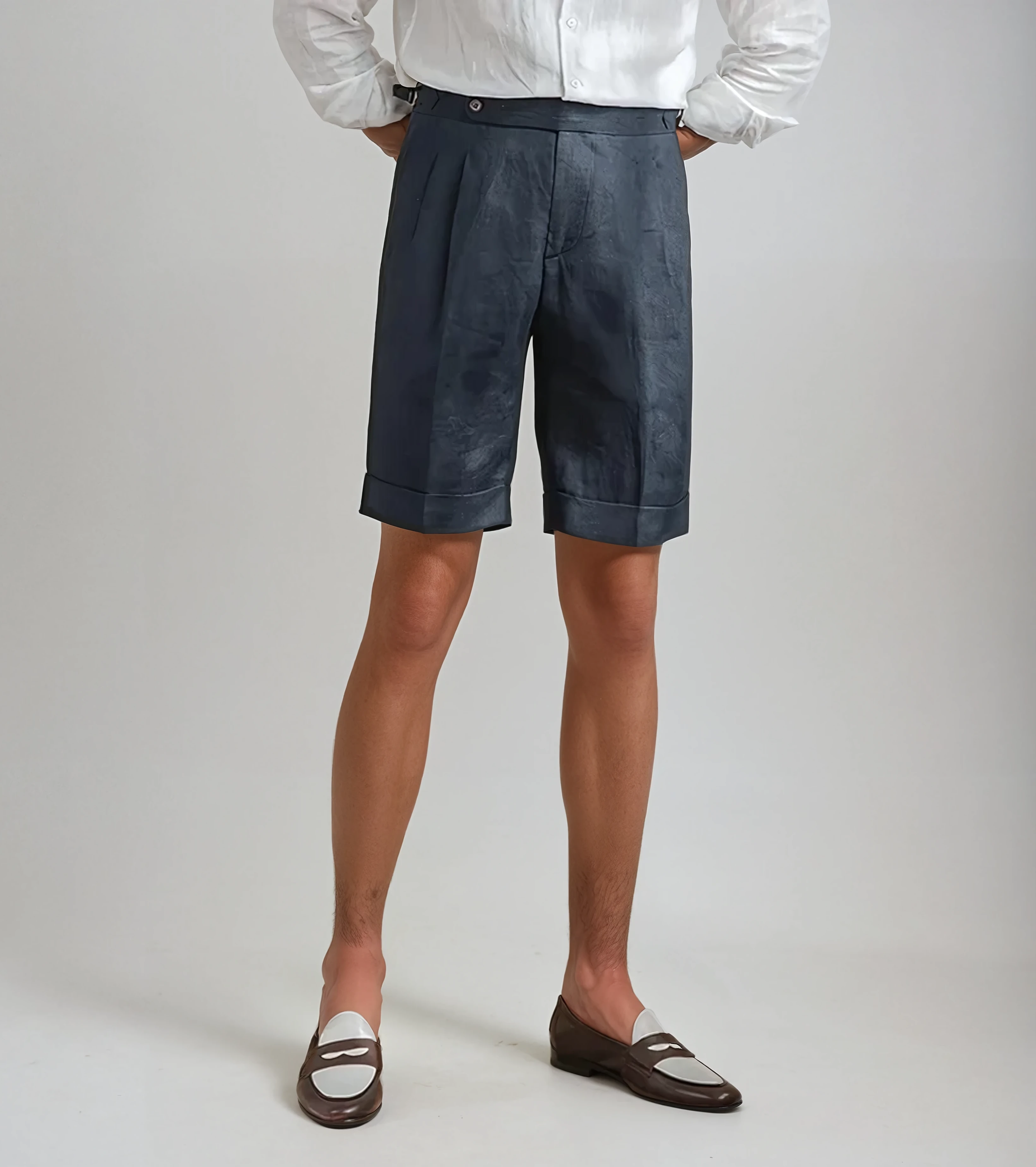 Oxford Pleated Short Trousers - Navy Blue - Sophie New York
