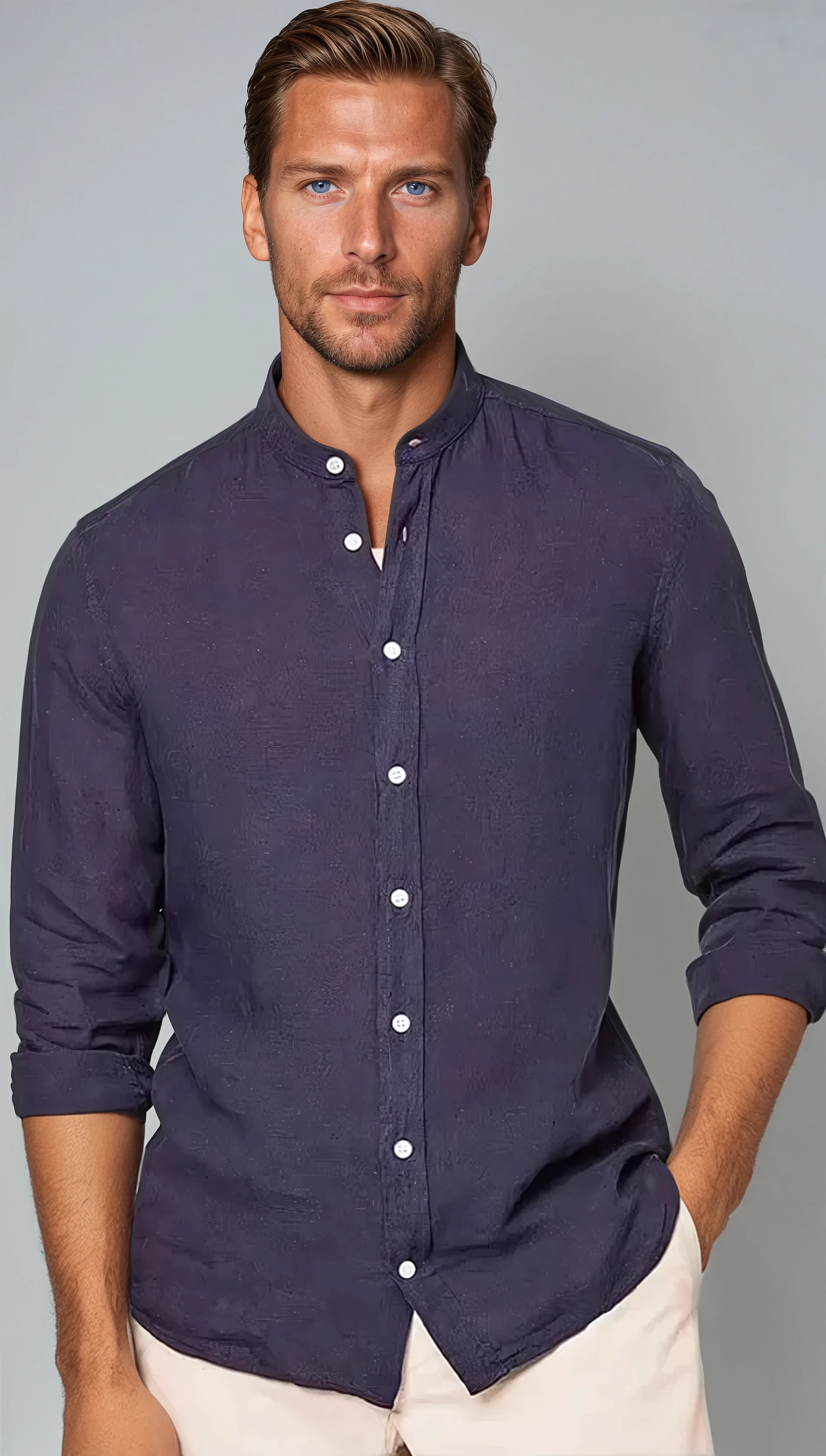Linen Band Collar Shirt Navy Blue - Sophie New York