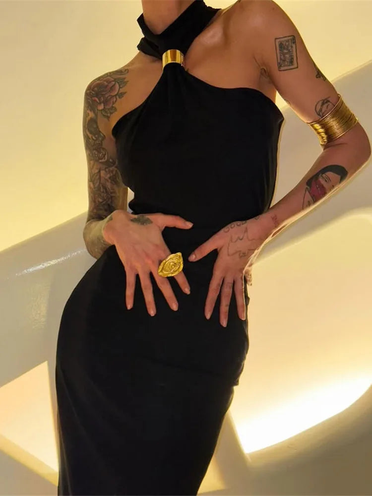 Pink Maxi Knit Dress with Off-Shoulder and Buckle