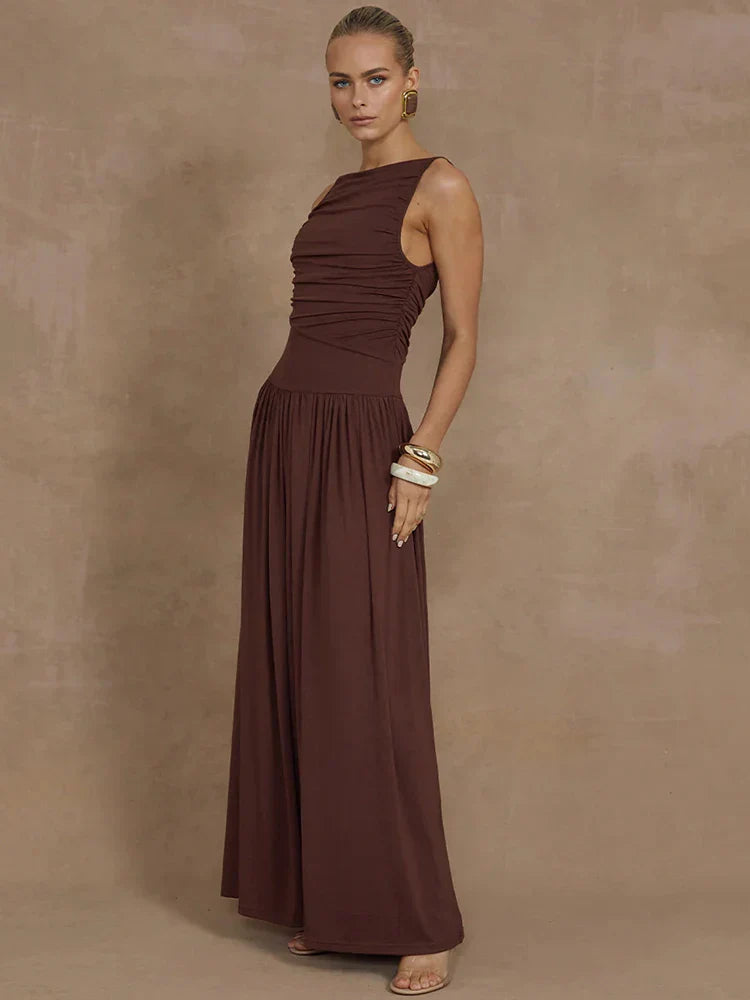 Rosea Ruched Boat Neck Maxi Dress