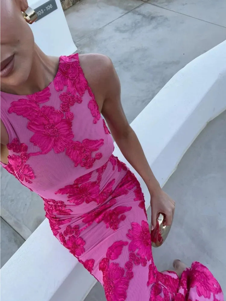 Pink Embroidered Floral Bodycon Maxi Dress