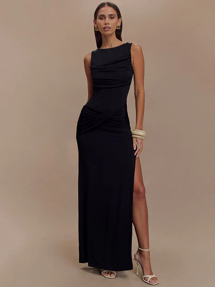 Rosea Backless Maxi Dress with Ruching and High Slit