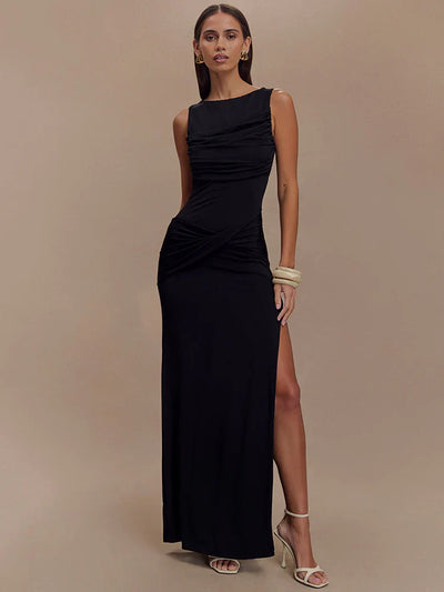 Rosea Backless Maxi Dress with Ruching and High Slit