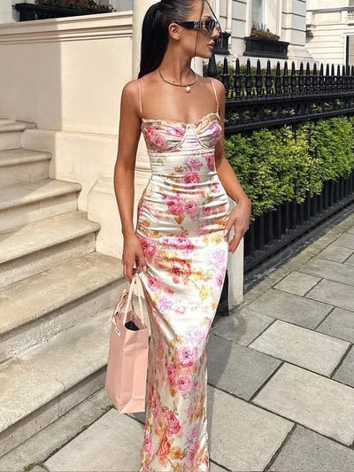 Pink Floral Satin Maxi Dress