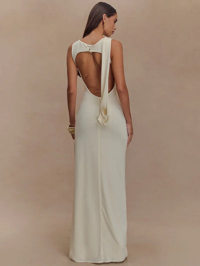Rosea Backless Maxi Dress with Ruching and High Slit
