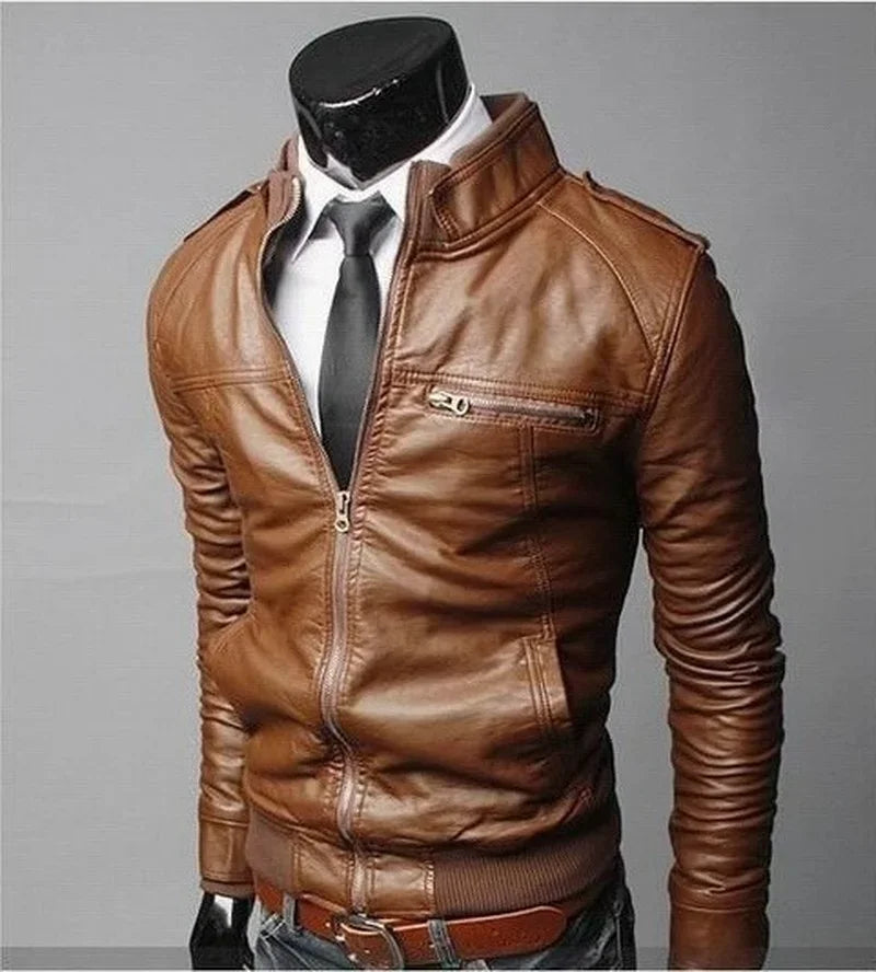 Bruno™ Urban – Brown Leather Jacket with Biker Details and Shirt Collar