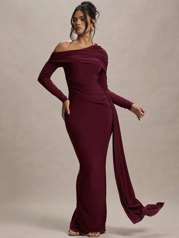Rosea Skew Collar Draped Maxi Dress