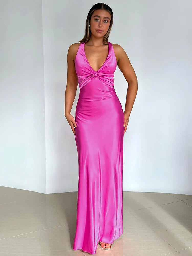 Pink Satin Maxi Dress with Bow and Open Back