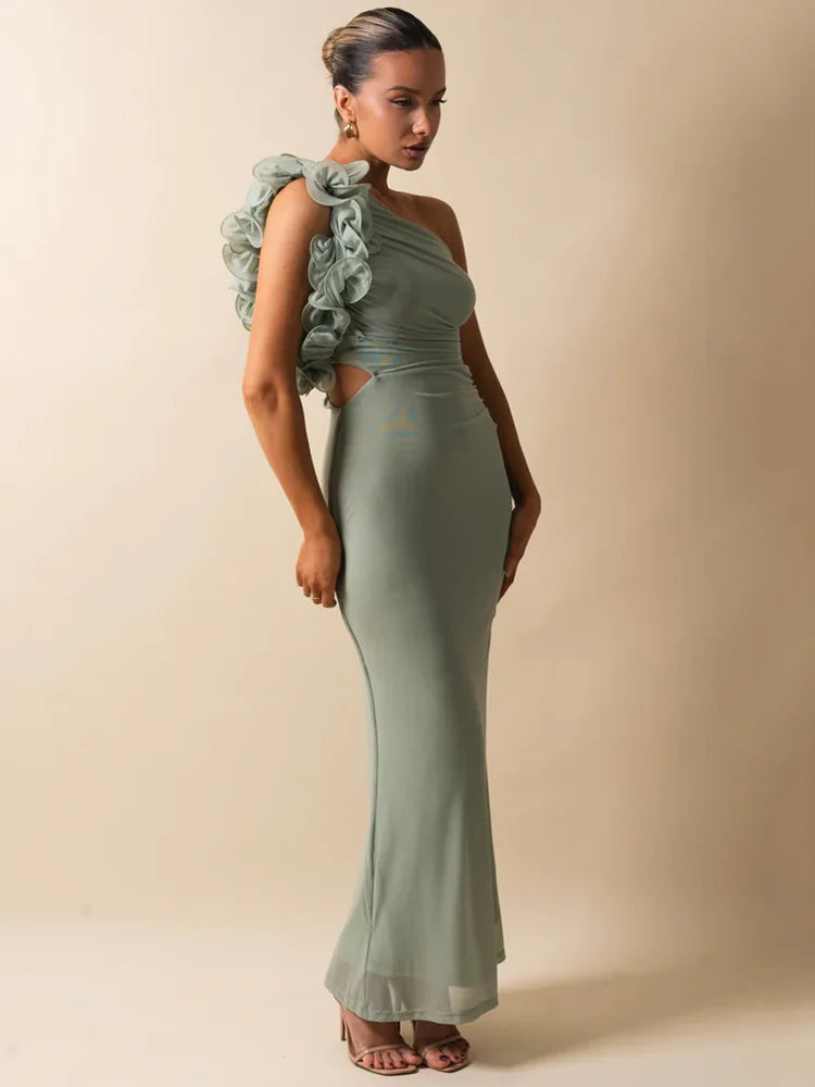 Pink Maxi Dress with Ruching and One-Shoulder Mesh