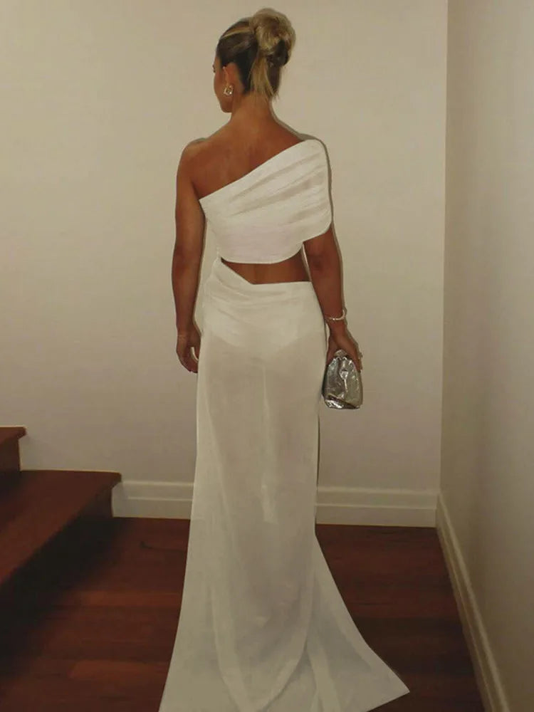 Rosea Maxi Dress with Ruching, Mesh, Backless