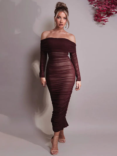 Maxi Dress Rosea with Ruching and Off-Shoulder Design