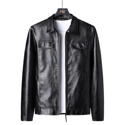 André™ Noir – Black leather jacket with wide collar and defined waist