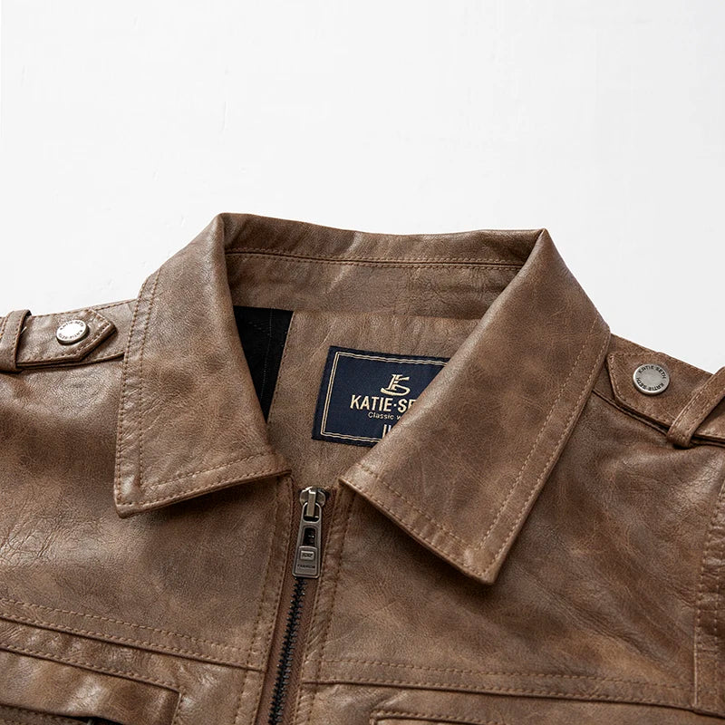 Frederik™ Raw – Brown leather jacket with vintage structure and broad shoulders