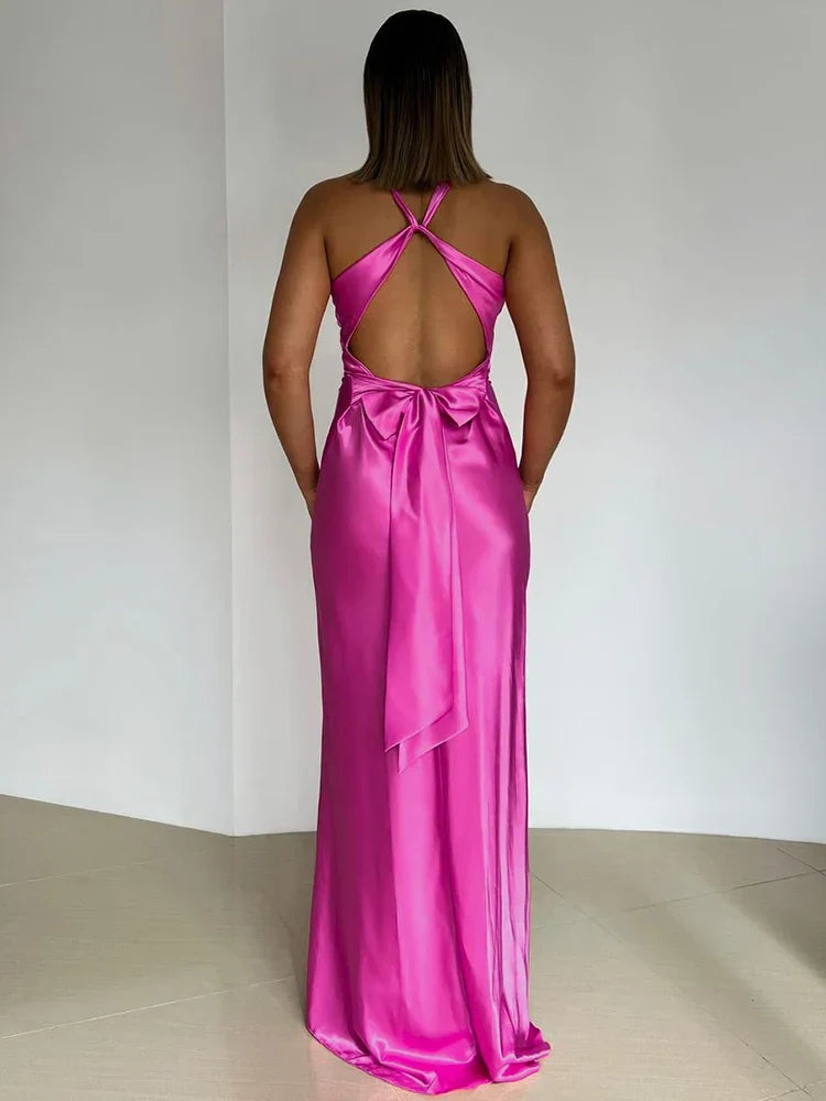 Pink Satin Maxi Dress with Bow and Open Back