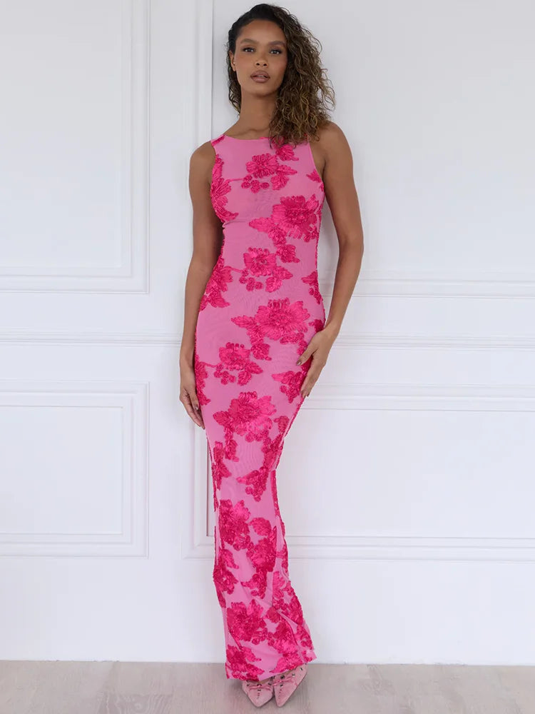 Pink Embroidered Floral Bodycon Maxi Dress
