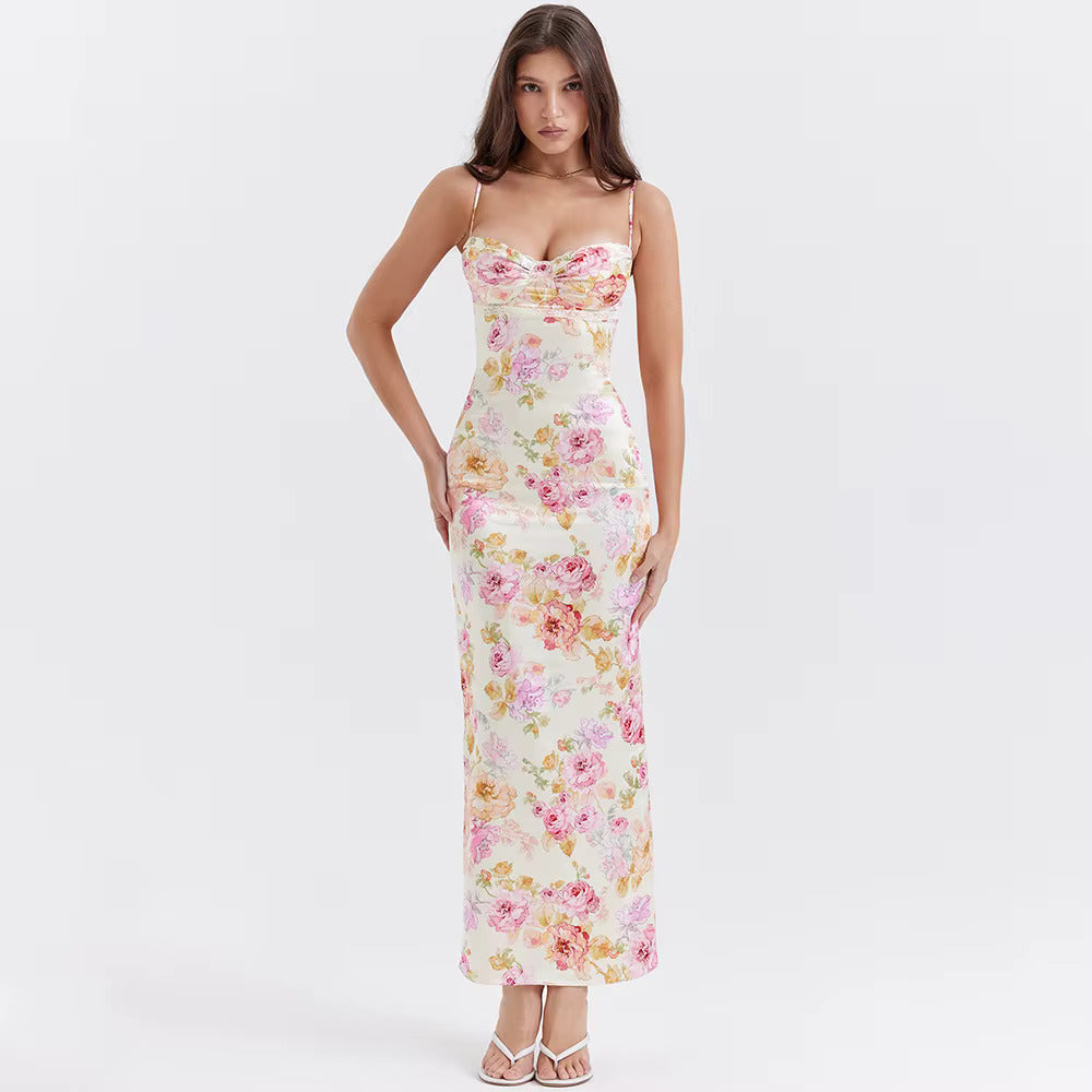 Pink Floral Satin Maxi Dress