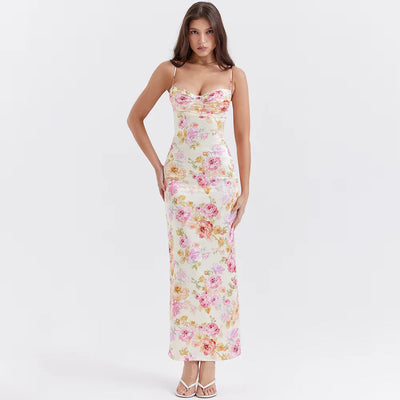 Pink Floral Satin Maxi Dress