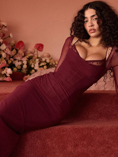 Pink Transparent Maxi Dress with Backless Mesh