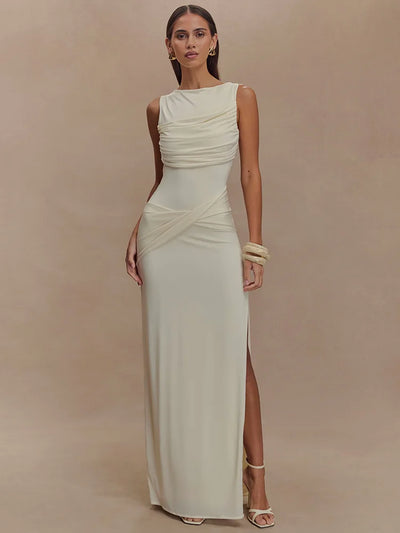 Rosea Backless Maxi Dress with Ruching and High Slit