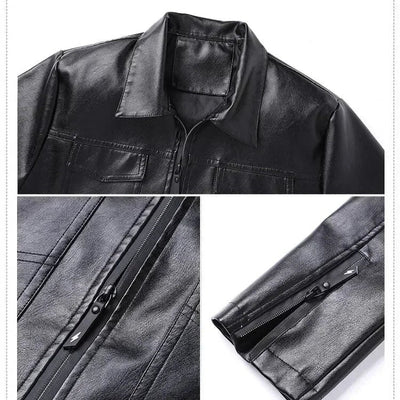 André™ Noir – Black leather jacket with wide collar and defined waist