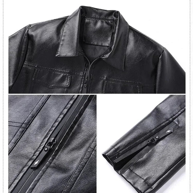 André™ Noir – Black leather jacket with wide collar and defined waist