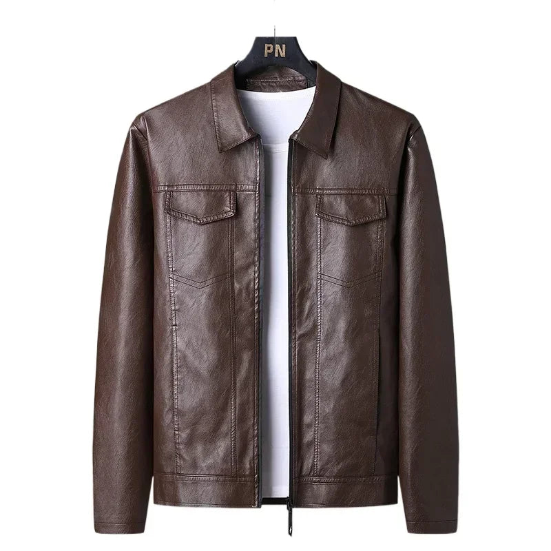 André™ Noir – Black leather jacket with wide collar and defined waist