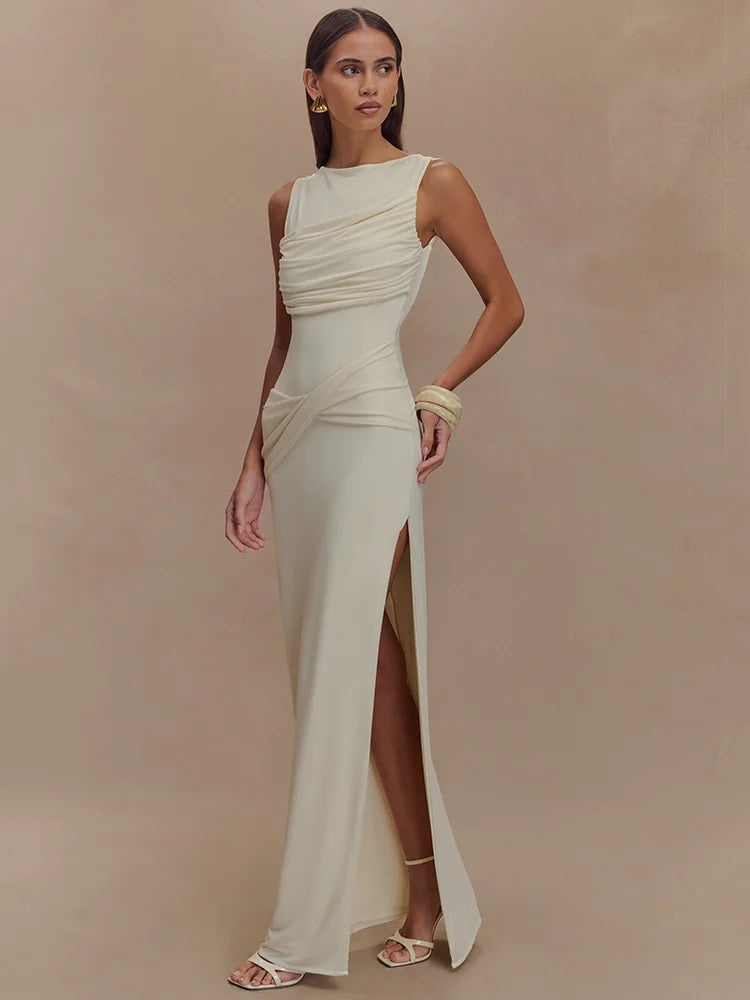 Rosea Backless Maxi Dress with Ruching and High Slit