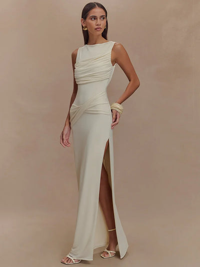 Rosea Backless Maxi Dress with Ruching and High Slit