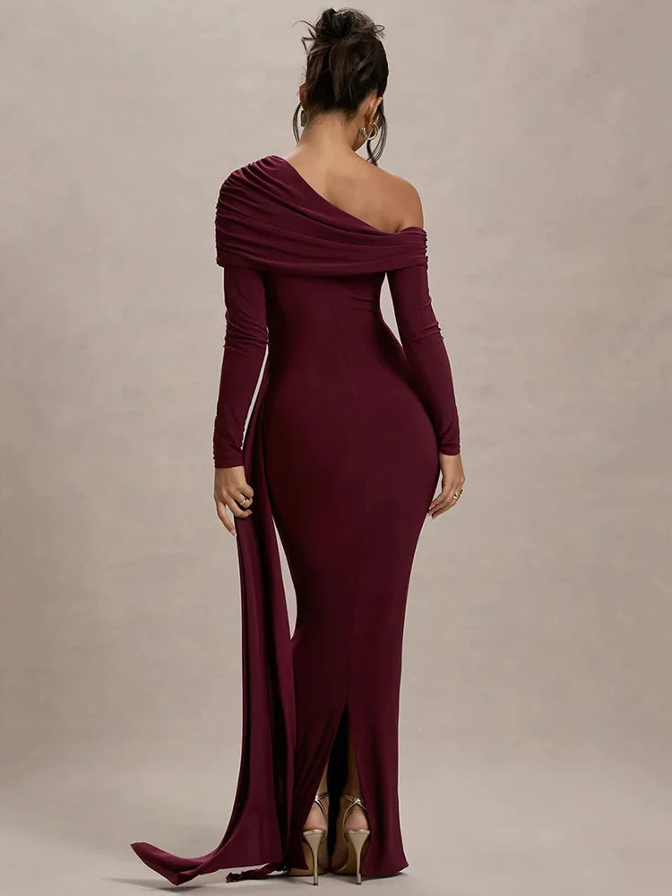 Rosea Skew Collar Draped Maxi Dress