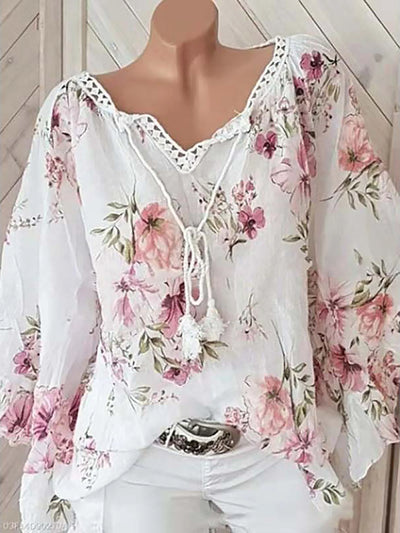 Flower Print Linen Blouse with Lace Closure | Olsen & Olsen™